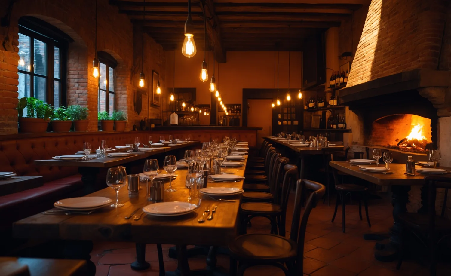 Comedor de Osteria 10 con ladrillo y luces cálidas