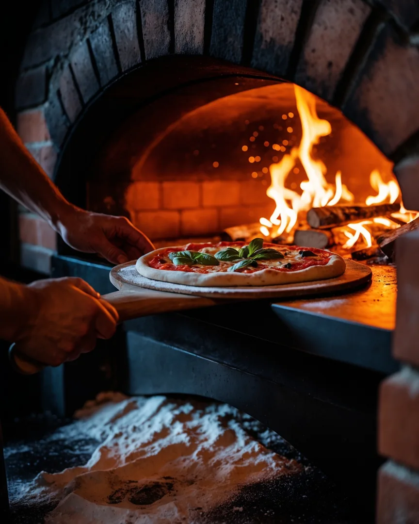 Pizza entrando al horno de leña de Osteria 10